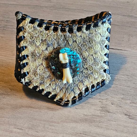 Vintage Handmade Snakeskin Leather Whipstitch Cuff with Turquoise & Bone Design - Picture 1 of 7